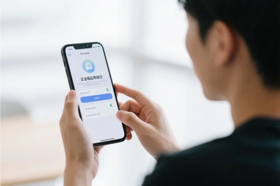 一位年轻用户正在iPhone的设置界面操作，屏幕显示“企业级应用信任”选项，环境明亮安静
