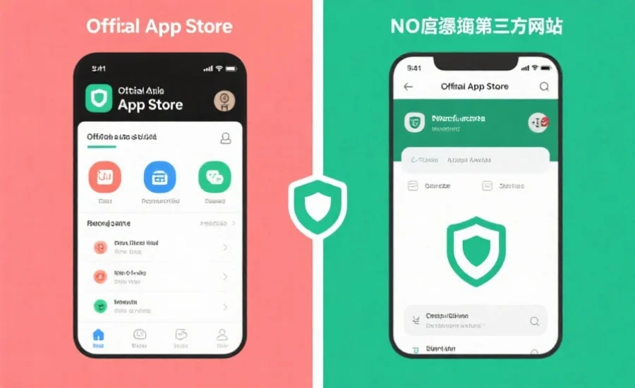 一个展示官方应用商店页面和非官方第三方网站对比的分屏插图，明确突出官方渠道的安全标识